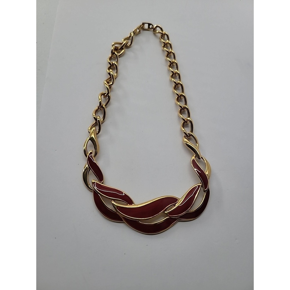 Vintage Napier Gold Tone Red Enamel Chunky Link Statement Necklace Jewelry - Picture 10 of 15
